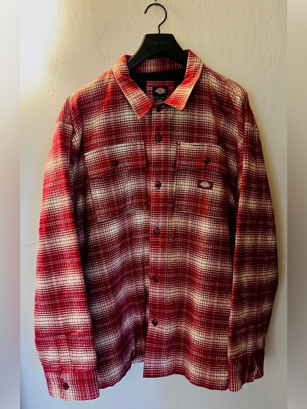 Dickies Men’s Red, Black & Cream Plaid Button-Down Quilt Lined Overshirt 2XL